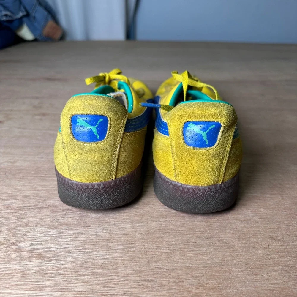 Vintage Yellow Puma Shoes With Blue And Green Stripes. RARE